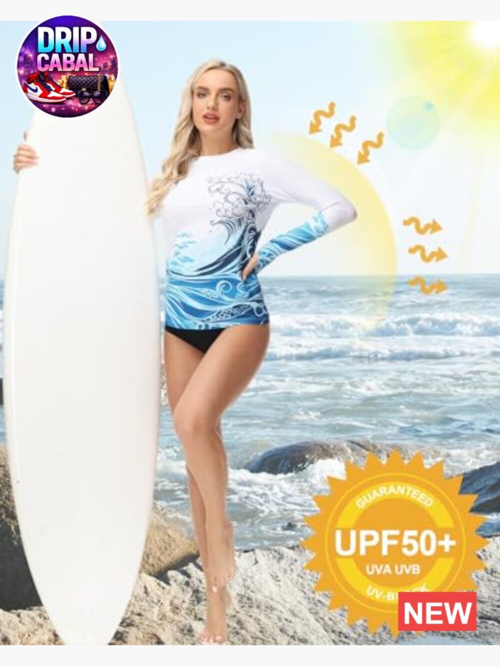 UPF 50+ Long Sleeve Rash Guard Swim Shirt with Thumb Hole Quick Dry - Picture 5 of 7
